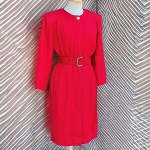 VINTAGE 80s red secretary dress|belted shirt dress